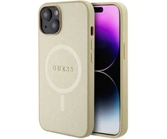 Apple iPhone 15 Plus Guess dėklas Saffiano MagSafe (GUHMP15MPSAHMCB) aukso spalvos