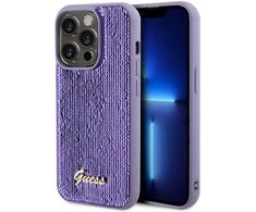 Dėklas GUESS GUHCP15XPSFDGS IPHONE 15 PRO MAX 6,7 col. PURPURINE/PURPURINĖ KIETOS DĖLĖS Sequin SCRIPT METAL