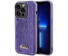 Guess GUHCP15LPSFDGSU Apple iPhone 15 Pro 6.1″violetinės spalvos kietas dėklas Sequin Script Metal