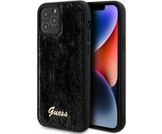 Guess GUHCP12MPSFDGSK Apple iPhone 12/12 Pro 6.1″ juodos spalvos kietas dėklas Sequin Script Metal