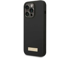 Apple iPhone 14 Pro Max Guess Dėklas silikoninis Logo Plate MagSafe juodos spalvos