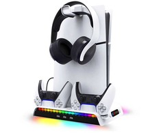 Ausinės iPega P5S006 daugiafunkcis įkrovimo RGB stovas su aušinimu, skirtas PS5 Slim, baltas (pažeista pakuotė)