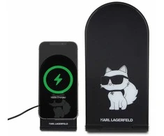 Indukcinis įkroviklis 15W sulenkiamas 2in1 Karl Lagerfeld Choupette MagSafe KLDCRFALCHNK juodos spalvos