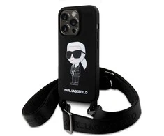 Apple iPhone 15 Pro Max Karl Lagerfeld dėklas juodos spalvos Crossbody silikoninis Ikonik (Klhcp15xcbsknk) juodos spalvos