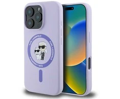 Karl Lagerfeld Liquid silikoninis Karl and Choupette MagSafe Apple iPhone 16 Pro Max dėklas telefonui violetinės spalvos