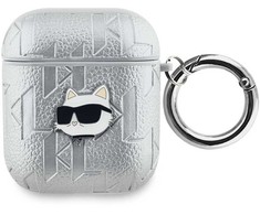 Karl Lagerfeld PU Embossed Choupette Head dėklas ausinėms AirPods 1/2 sidabrinės spalvos