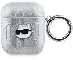 Karl Lagerfeld PU Embossed Choupette Head dėklas ausinėms AirPods 1/2 sidabrinės spalvos
