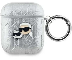 Karl Lagerfeld PU Embossed Karl and Choupette Heads dėklas ausinėms AirPods 1/2 sidabrinės spalvos