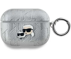 Karl Lagerfeld PU Embossed Karl and Choupette Heads dėklas ausinėms AirPods Pro sidabrinės spalvos