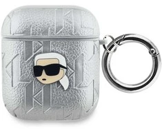 Karl Lagerfeld PU Embossed Karl Head dėklas ausinėms AirPods 1/2 sidabrinės spalvos