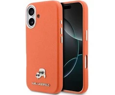 Karl Lagerfeld PU Karl and Choupette Heads Pins MagSafe dėklas skirtas Apple iPhone 17 Oranžinis
