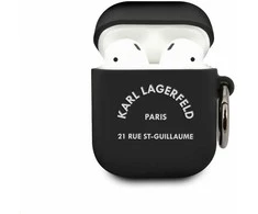 Karl Lagerfeld Rue St Guillaume silikoninis dėklas ausinėms AirPods 1/2 juodos spalvos
