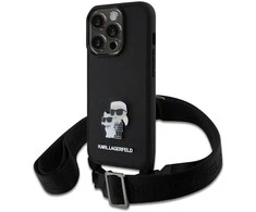 Karl Lagerfeld Saffiano Crossbody Strap Metal Karl and Choupette dėklas telefonui Apple iPhone 15 Pro juodos spalvos