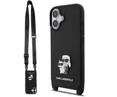 Karl Lagerfeld Saffiano Crossbody Strap Metal Karl and Choupette dėklas skirtas Apple iPhone 17 juodos spalvos