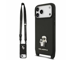 Dėklas Karl Lagerfeld Saffiano Crossbody Strap Metal Karl and Choupette Case for iPhone 18 Pro Juoda
