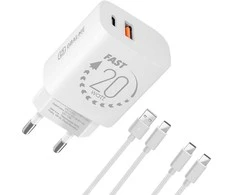 OBAL:ME laidinis įkroviklis USB-A + USB-C 20W + 2x kabelis 1m baltos spalvos