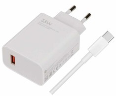 Xiaomi MDY-16-EF USB-A 33W kelioninis įkroviklis + kabelis USB-C baltos spalvos (Bulk pakuotė)