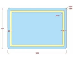 Mirrorsled Skaidrus veidrodis su LED priekiniu apšvietimu 1000x700 (apvalinti kampai, 30mm) + mygtuku