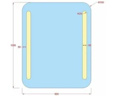 Mirrorsled Skaidrus veidrodis su LED priekiniu apšvietimu 800x1000 (apvalinti kampai, juostos)