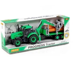 Polesie 96487 Traktor Progres inercyjny su podnośnikiem i przyczepą do przewozu drewna, žalia dėžutėje