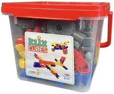 Popular Playthings Konstruktorių rinkinys Klix Cubes su krumpliais, 150 detalių, vaikams nuo 5 metų, kūrybiškumui skatinti, geltona mėlyna raudona