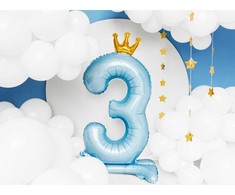PartyDeco Pastatomas žydras balionas Skaičius su karūna, 84cm, Skaičius: 2