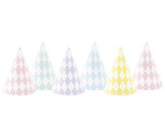PartyDeco Šventinės kepurėlės "Pasteliniai kvadratukai" 6vnt
