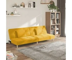 Dvivietė sofa-lova su dvejomis pagalvėmis, geltona, audinys