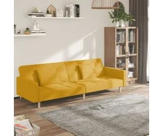 Dvivietė sofa-lova su dvejomis pagalvėmis, geltona, audinys