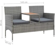 Dvivietis suoliukas su staliuku, pilkas, 143cm, poliratanas