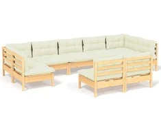 Lauko baldų komplektas Sodo komplektas su kreminėmis pagalvėlėmis, 9 dalių, pušis