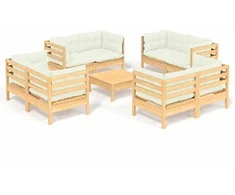 Lauko baldų komplektas Sodo komplektas su kreminėmis pagalvėlėmis, 9 dalių, pušis