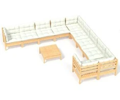 Lauko baldų komplektas Sodo komplektas su kreminėmis pagalvėlėmis, 11 dalių, pušis