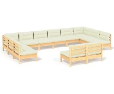Lauko baldų komplektas Sodo komplektas su kreminėmis pagalvėlėmis, 12 dalių, pušis
