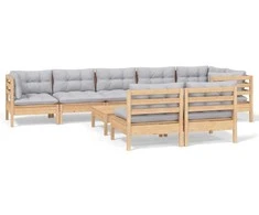 Lauko baldų komplektas Sodo komplektas su pilkomis pagalvėmis, 9 dalių, pušis