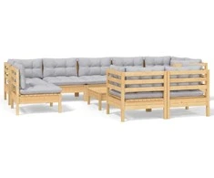 Lauko baldų komplektas Sodo komplektas su pilkomis pagalvėmis, 10 dalių, pušis