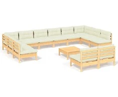 Lauko baldų komplektas Sodo komplektas su kreminėmis pagalvėlėmis, 13 dalių, pušis