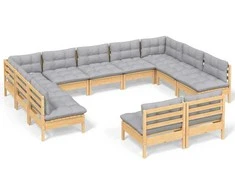 Lauko baldų komplektas Sodo komplektas su pilkomis pagalvėmis, 11 dalių, pušis