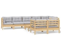 Lauko baldų komplektas Sodo komplektas su pilkomis pagalvėmis, 9 dalių, pušis