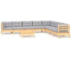 Lauko baldų komplektas Sodo komplektas su pilkomis pagalvėmis, 9 dalių, pušis
