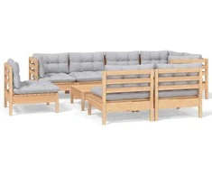 Lauko baldų komplektas Sodo komplektas su pilkomis pagalvėmis, 9 dalių, pušis