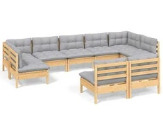 Lauko baldų komplektas Sodo komplektas su pilkomis pagalvėmis, 9 dalių, pušis