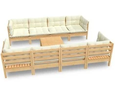 Lauko baldų komplektas Sodo komplektas su kreminėmis pagalvėlėmis, 9 dalių, pušis