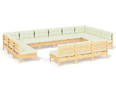 Lauko baldų komplektas Sodo komplektas su kreminėmis pagalvėlėmis, 13 dalių, pušis
