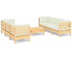 Lauko baldų komplektas Sodo komplektas su kreminėmis pagalvėlėmis, 7 dalių, pušis