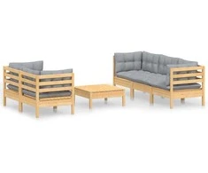 Lauko baldų komplektas Sodo komplektas su pilkomis pagalvėmis, 6 dalių, pušis