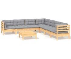 Lauko baldų komplektas Sodo komplektas su pilkomis pagalvėmis, 8 dalių, pušis