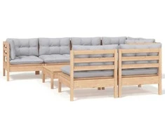 Lauko baldų komplektas Sodo komplektas su pilkomis pagalvėmis, 8 dalių, pušis