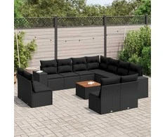 Sofa Sofos komplektas su pagalvėlėmis, 12 dalių, juodas, poliratanas