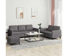 Sofa Sofos komplektas su pagalvėlėmis, 3 dalių, pilkas, dirbtinė oda